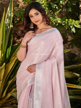 Pure Tissue Linen Sliver Zari Weaves Worked Salmon Pink Saree